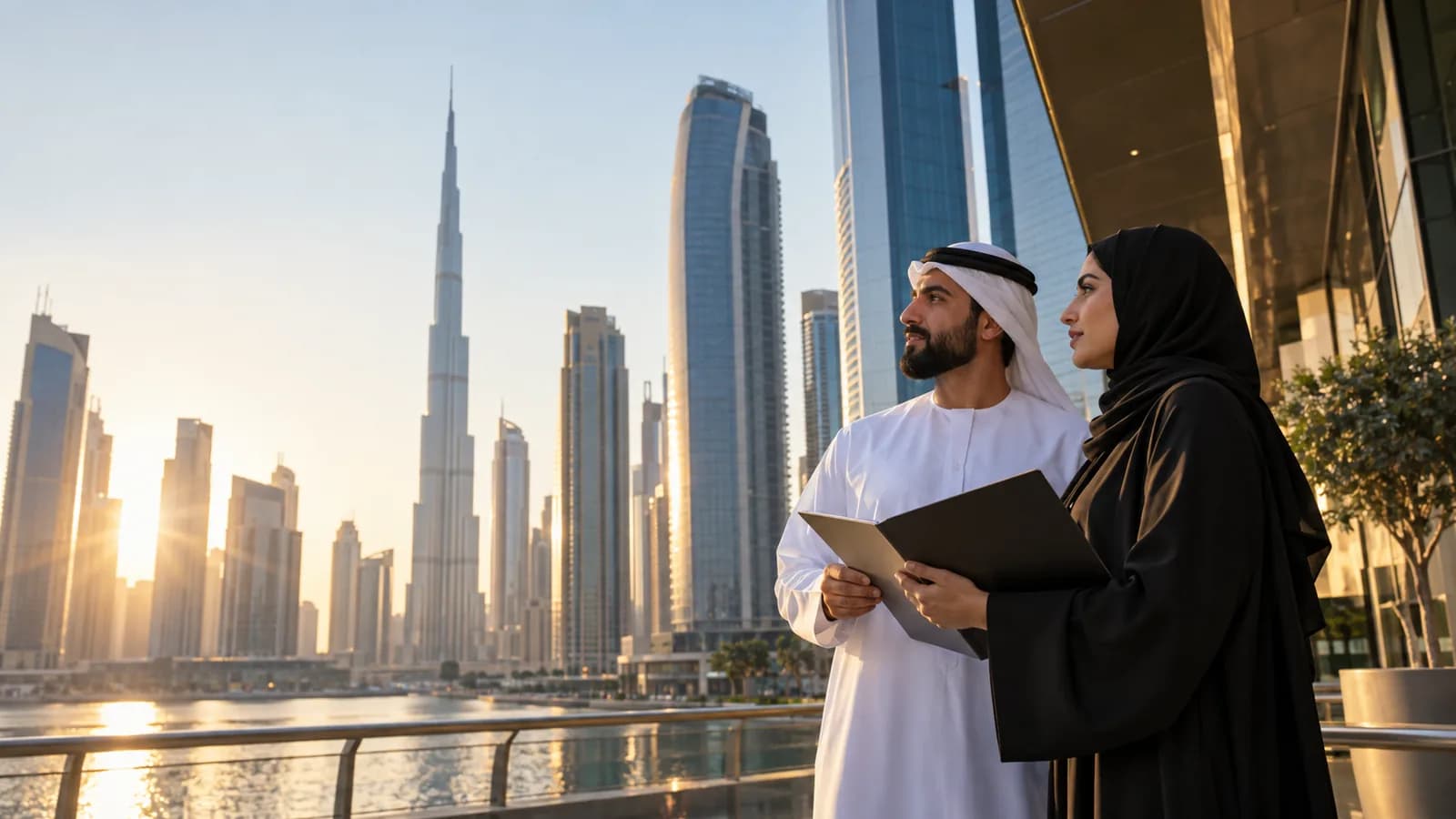 Two entrepreneurs discussing a business plan beside the Dubai skyline