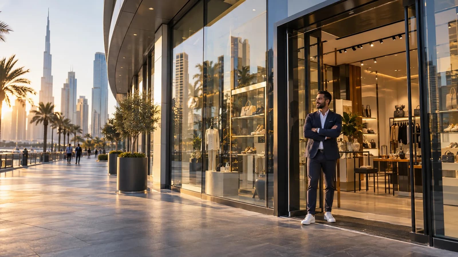Business owner outside a modern retail storefront in Dubai