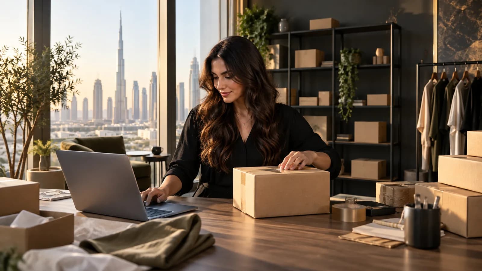 Online retailer preparing an unmarked parcel in a Dubai workspace