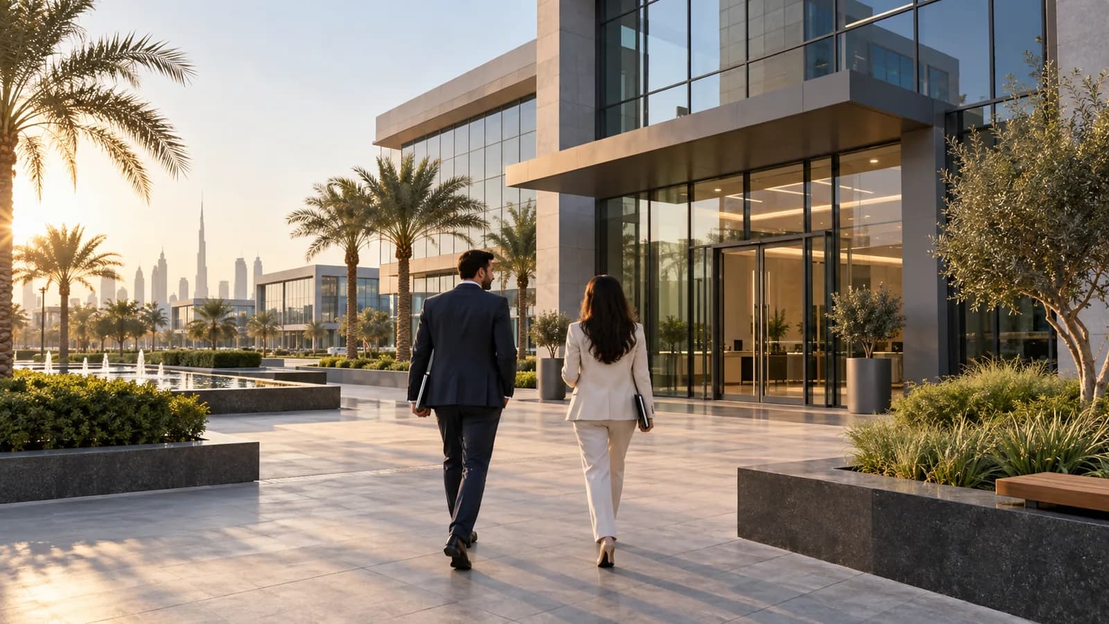 Founders walking through a modern UAE business campus