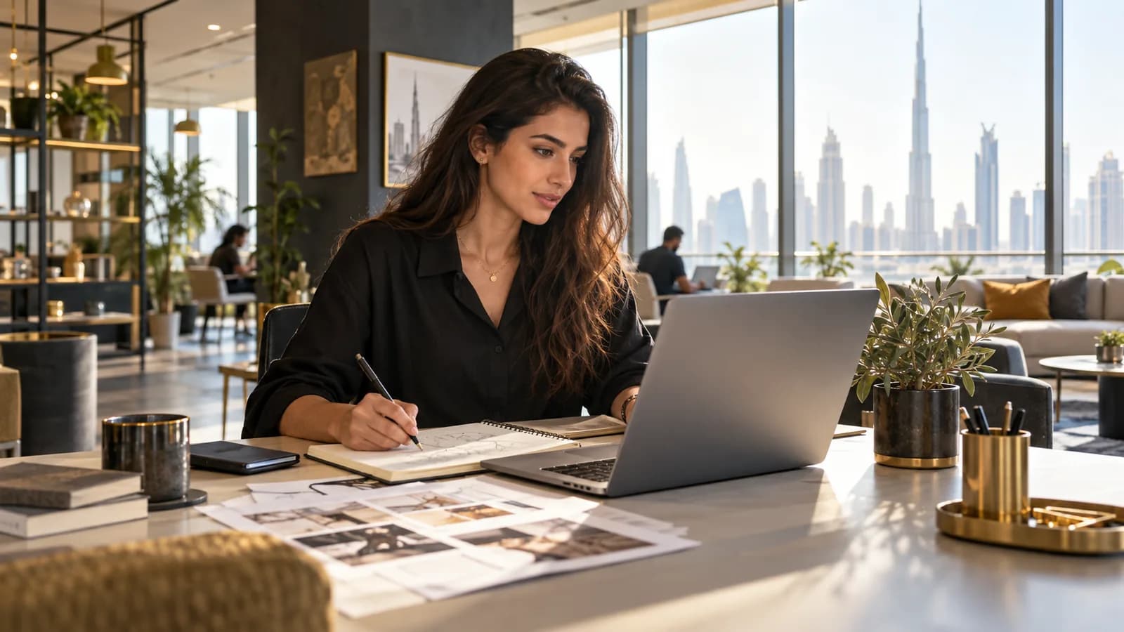 Independent professional working at a laptop in a Dubai coworking space