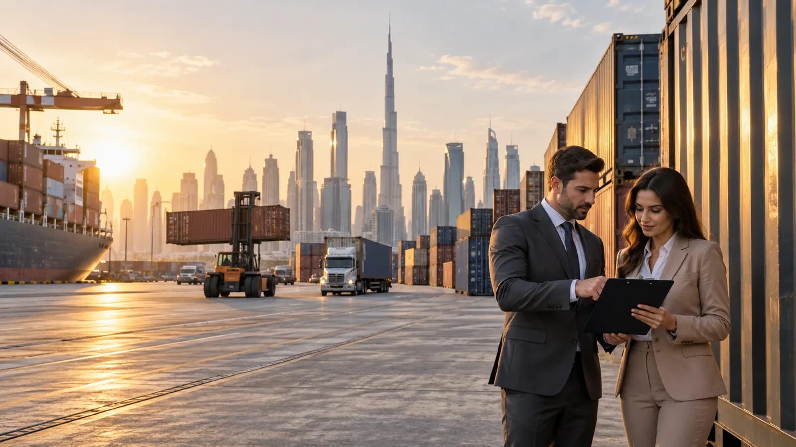 Trade professionals reviewing cargo inventory at a Dubai logistics hub