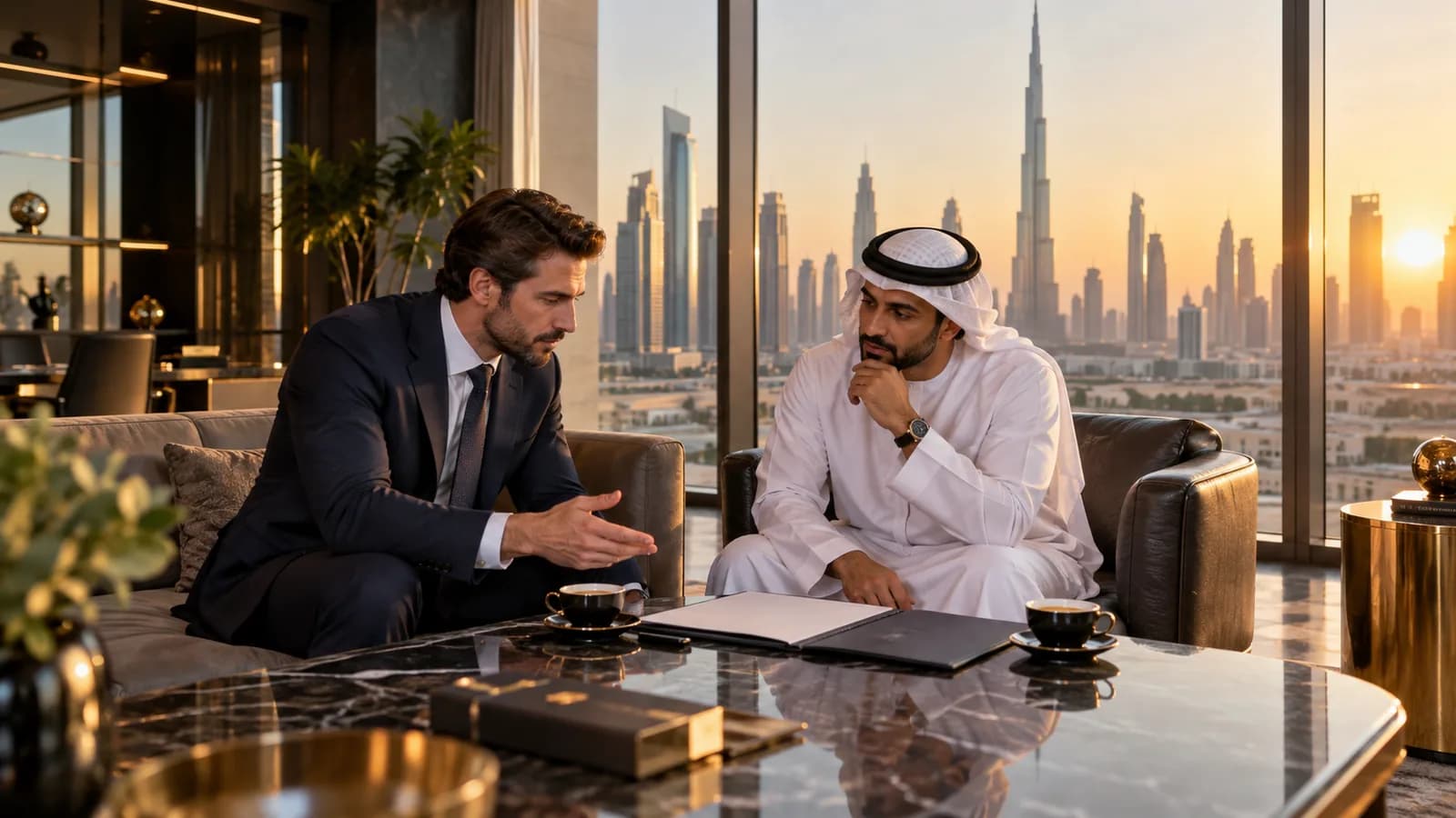 Two business partners discussing a venture in a Dubai office