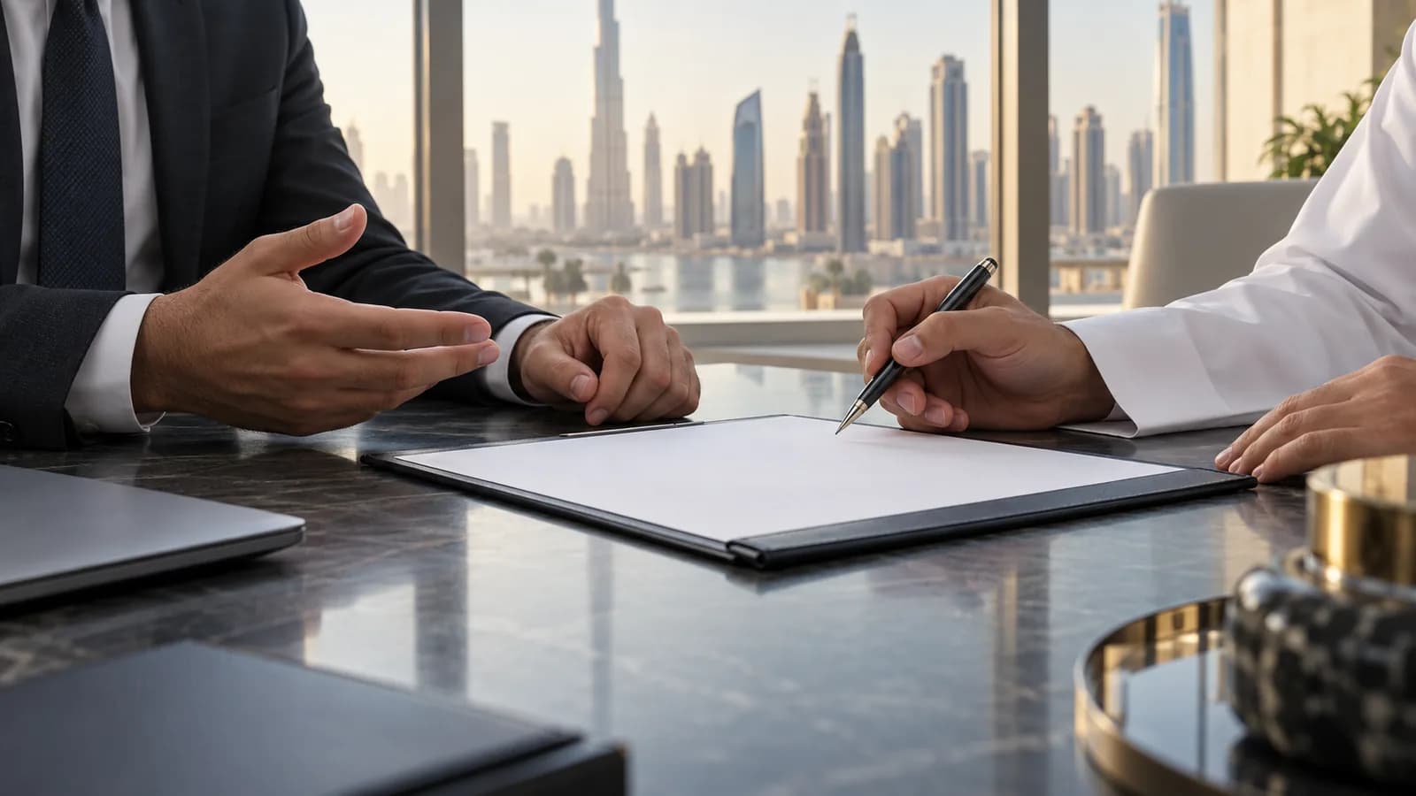 Business representatives reviewing a blank document in a Dubai office